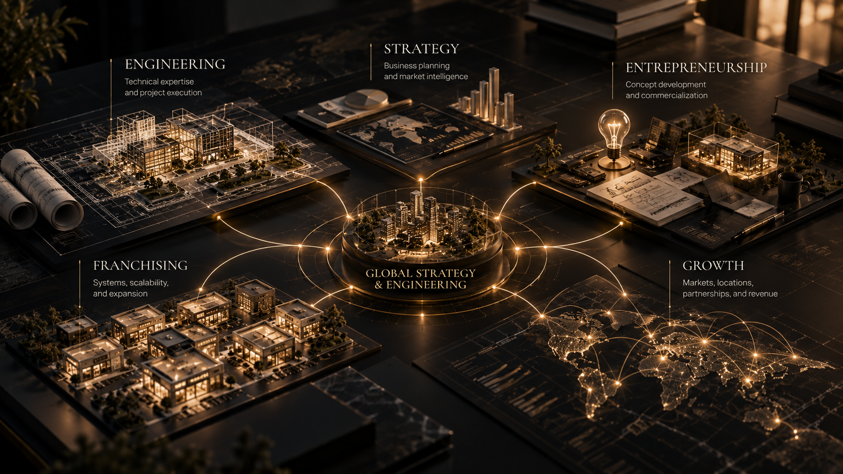 Global Strategy and Engineering at the center of connected engineering, strategy, entrepreneurship, franchising, and growth disciplines