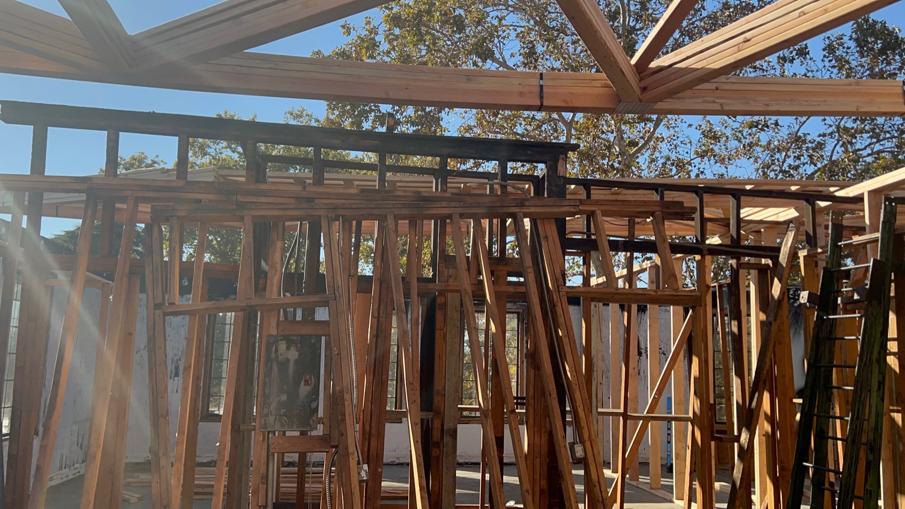 Interior framing exposed during renovation progress